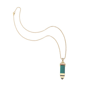 Green malachite sun ray pendant accented by pink topaz stones on a rolo chain. 