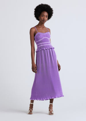 Model wearing the brisha pleated cami midi dress in lavender.