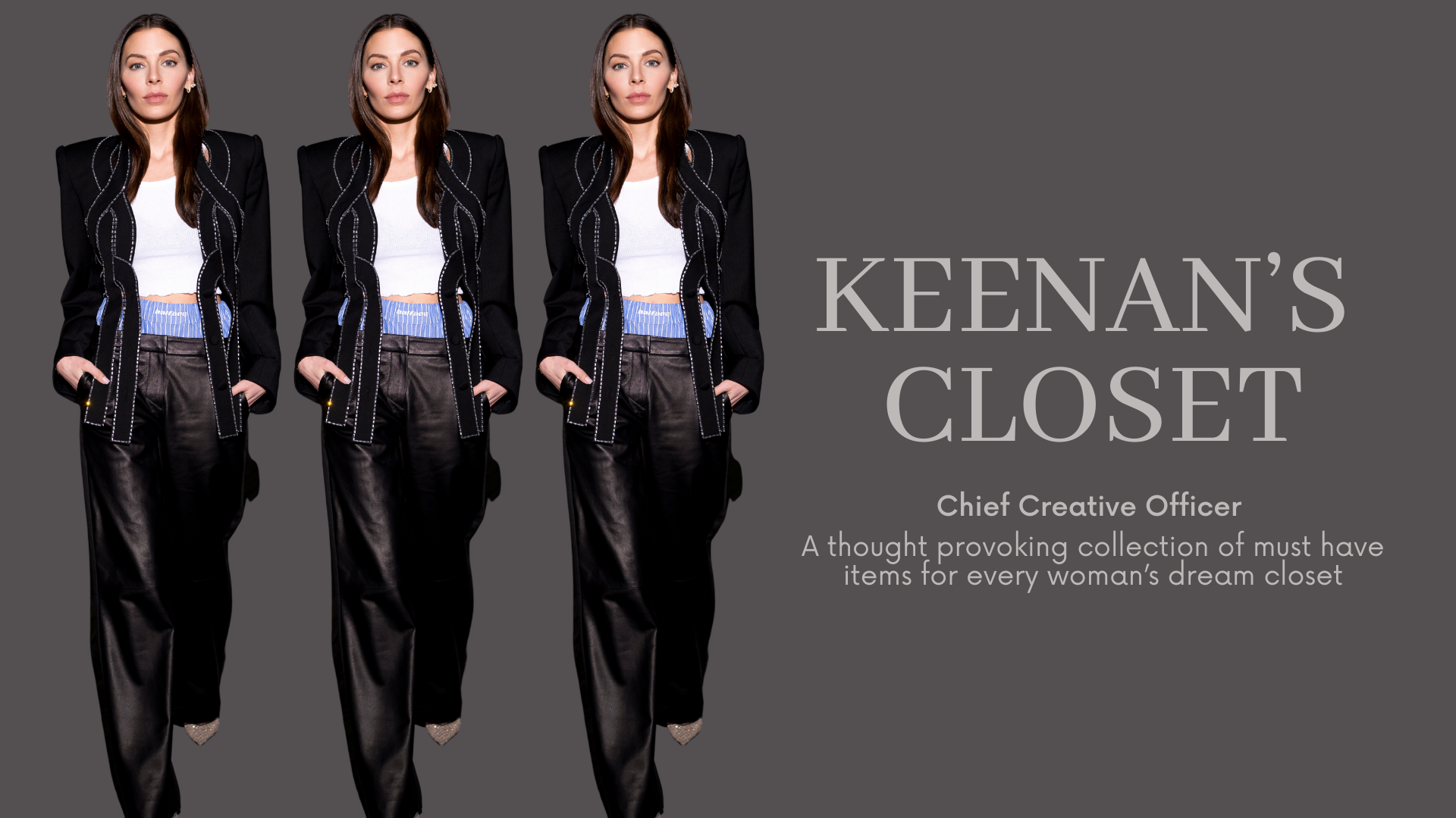 Keenan copied three times wearing a blazer and black pants.  