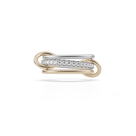 Ghost image of a Spinelli Kilcollin Tigris ring that features two 1.mm sterling silver bands, one with pave white diamonds, and a 1.7mm 18k yellow gold band, all connected by two 18k yellow gold connectors. 