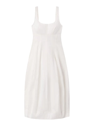 Flat lay of white maxi dress with rouched bottom