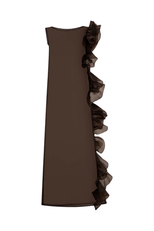 Brown sheer statement gown with an asymmetric ruffle down the side