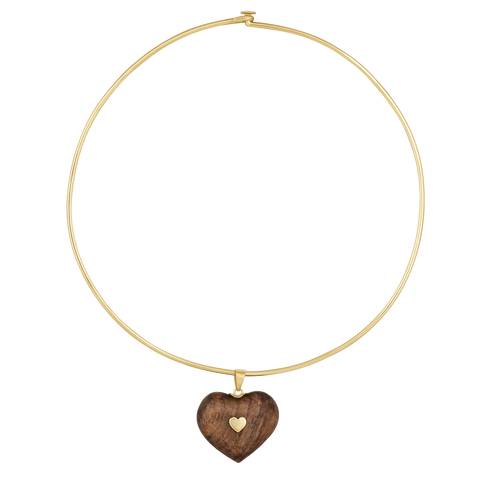 Gold necklace with a wooden heart pendant on a white background