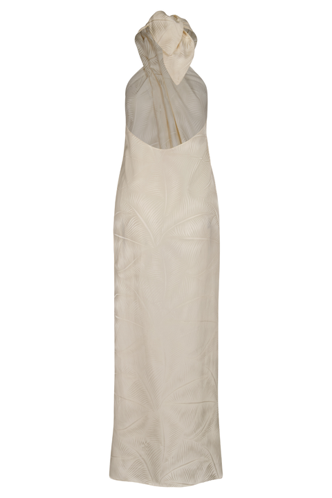 A long halter-neck cream jacquard top with an open back