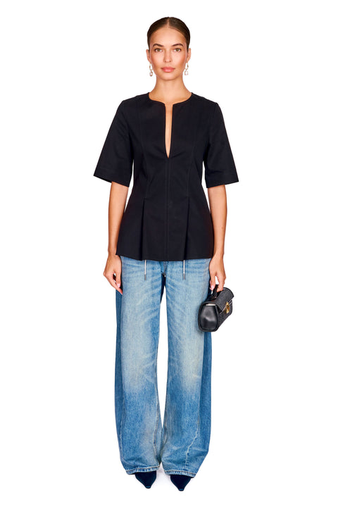 Tailored Cotton Short Sleeve V Neck Top