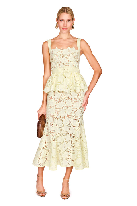 Yellow Lace Peplum Midi Dress