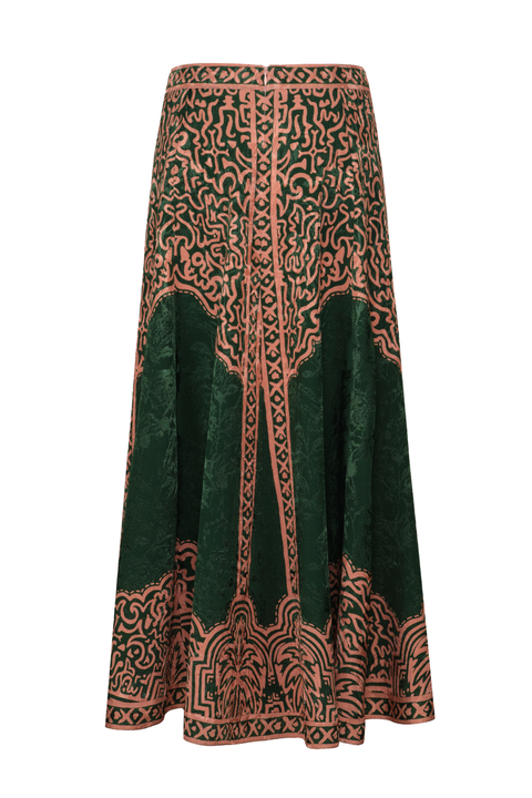 A green and salmon patterned ankle-length skirt