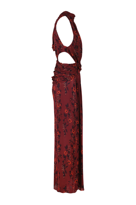 A burgundy-wine maxi dress with a halter neck and a side cutout