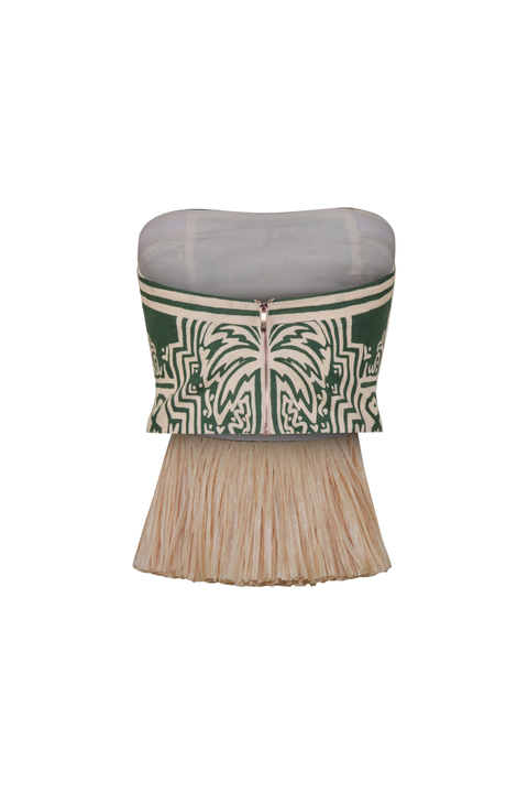 A linen green strapless top with beige embroidery and fringe and back zipper closure