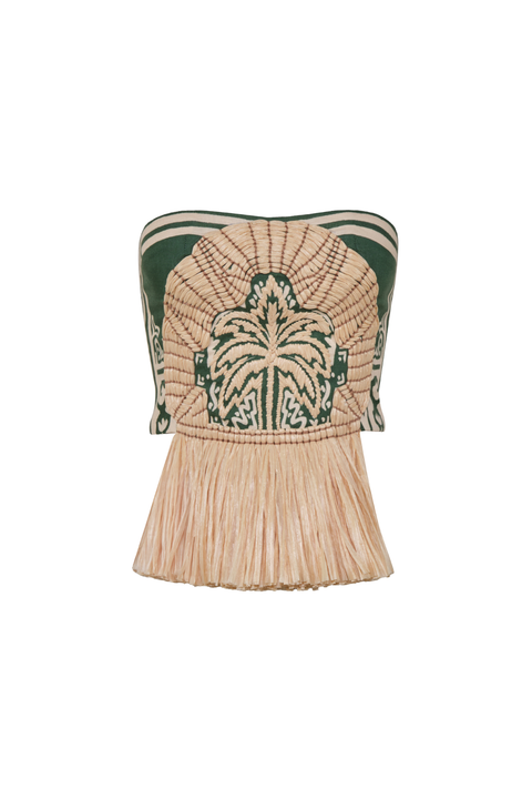 A linen green strapless top with beige embroidery and fringe