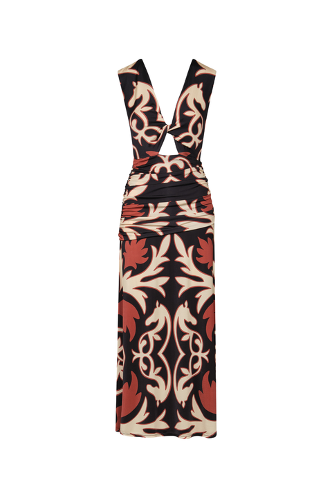 A black, cream, and red patterned midi dress with a reversible deep v or boat neckline