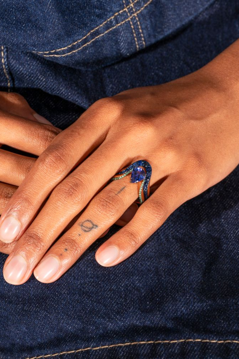 Pear Tanzanite & Emerald Aura Ring