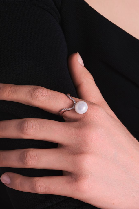 Half Pavé & Freshwater Pearl Aura Ring