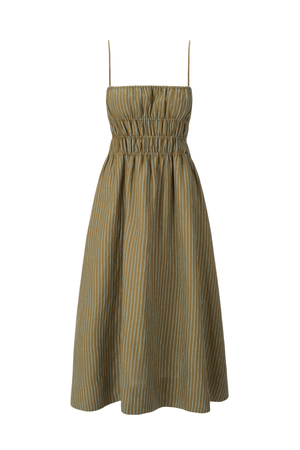 A sleeveless midi dress with thin spaghetti straps, a smocked bodice, and a gathered A-line skirt, featuring a vertical pinstripe pattern in olive green and beige on a white background.