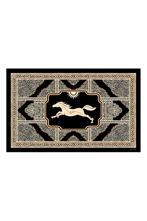 A black and ecru geometric patterned shawl with a border and a horse and sun in the middle