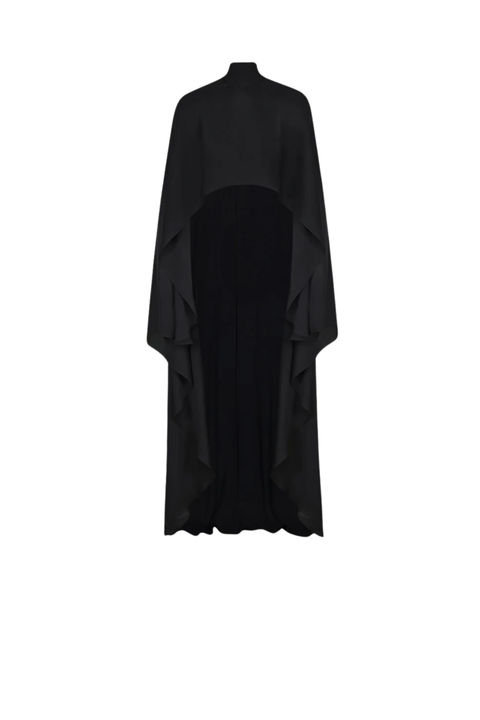 A black high-neck, long-sleeved draped cape-style dress with layered ruffle details, shown against a plain white background.