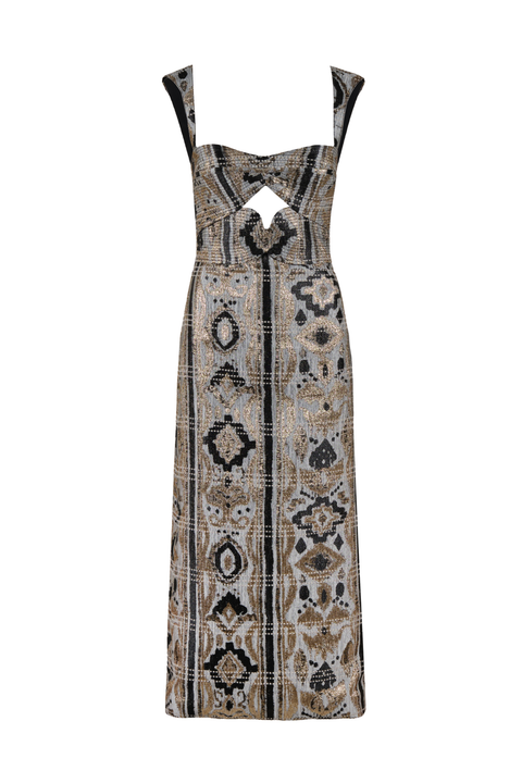 A jacquard multicolored midi dress with a ruched square neckline and cutout