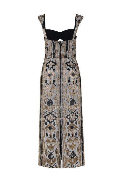 A jacquard multicolored midi dress with a ruched square neckline and cutout