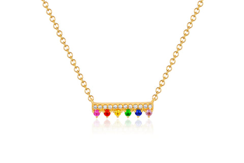 Very close-up image of the Diamond and Rainbow Chloe Bar Necklace, emphasizing the intricate and colorful details
