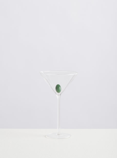 Maison Balzac clear martini glass with glass olive.